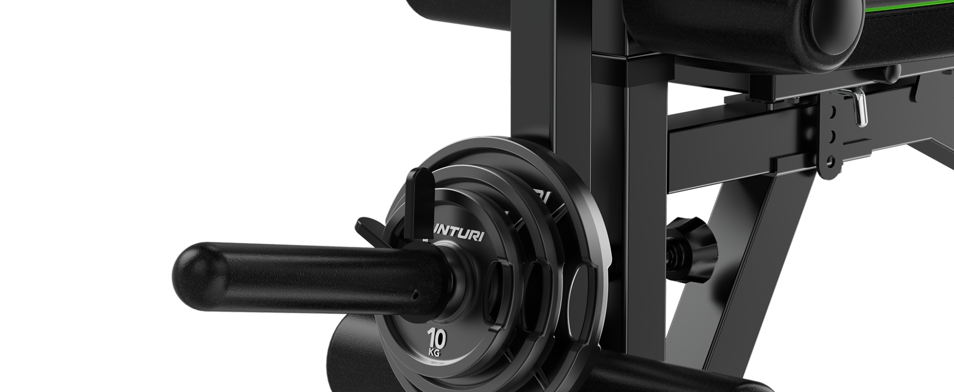 Detail van de leg developer op een fitnessbank met schuimrollers en een 10 kg halterschijf