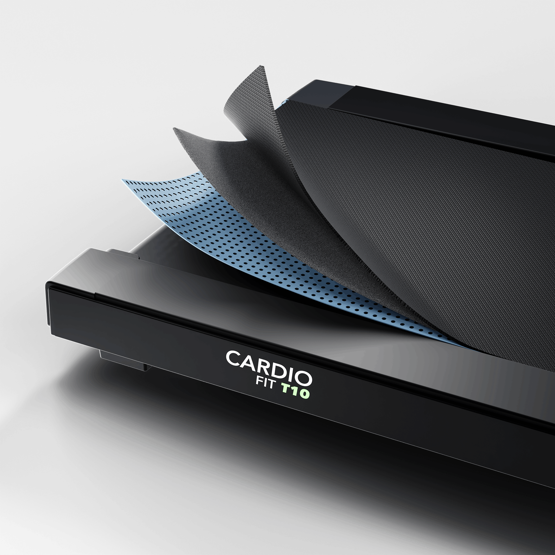 Opengewerkte weergave van de drie lagen van de Cardio Fit T10 loopmat