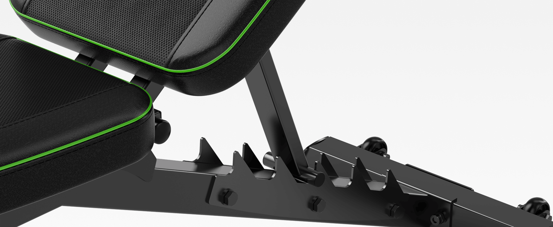 Detail van het verstelmechanisme en de rugleuning van een zwart fitnessbankje met groene accenten