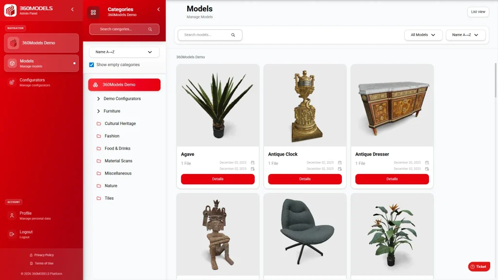 Overzicht van 3D-modellen in het 360MODELS-beheerpaneel, waaronder een agave, antieke klok en dressoir