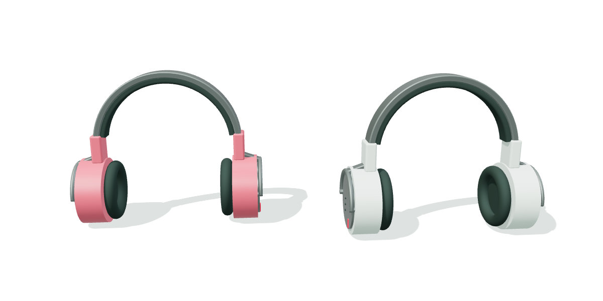 Twee versies van hetzelfde ronde koptelefoonmodel met aansluitende hoofdband, in koraal en saliegroen