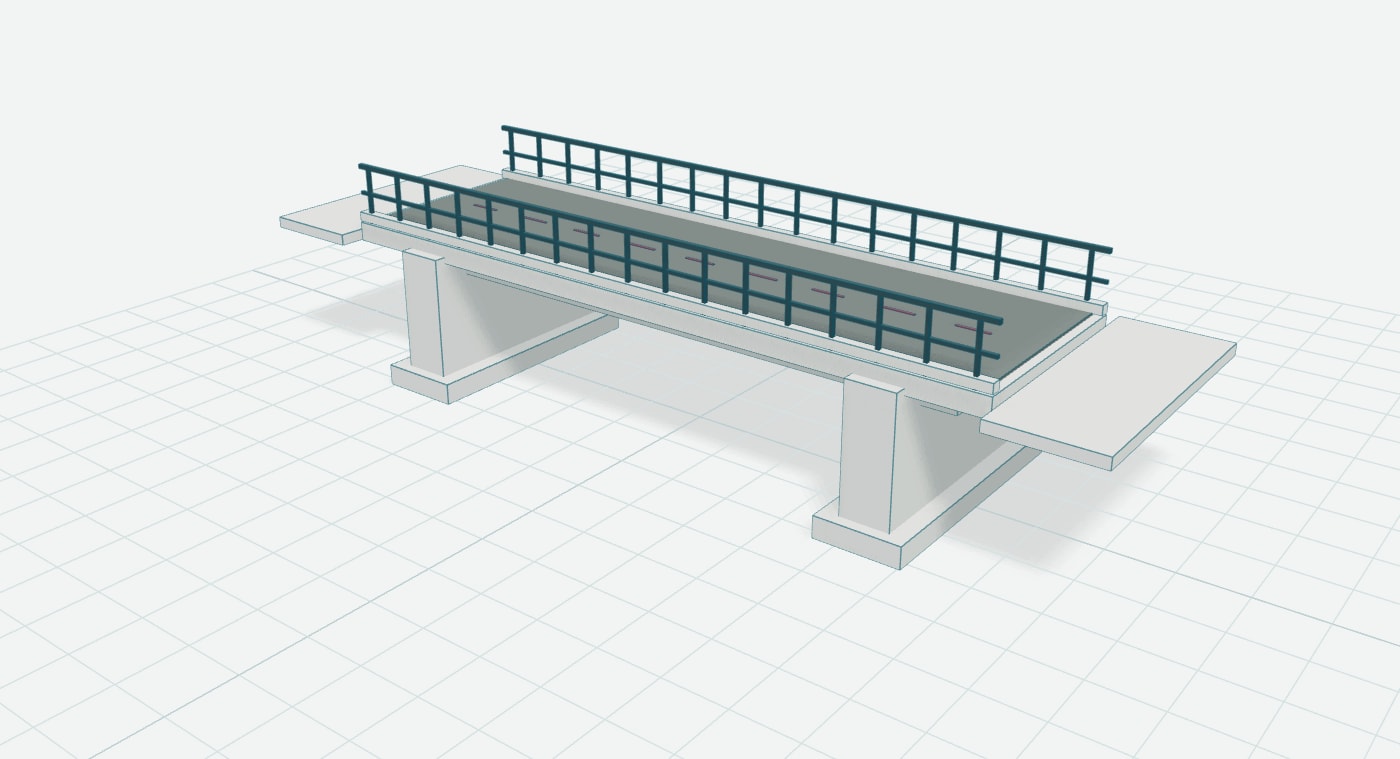 Dezelfde voorbeeldbrug als oppervlaktemodel met herkenbaar dek, steunpunten en hekwerk