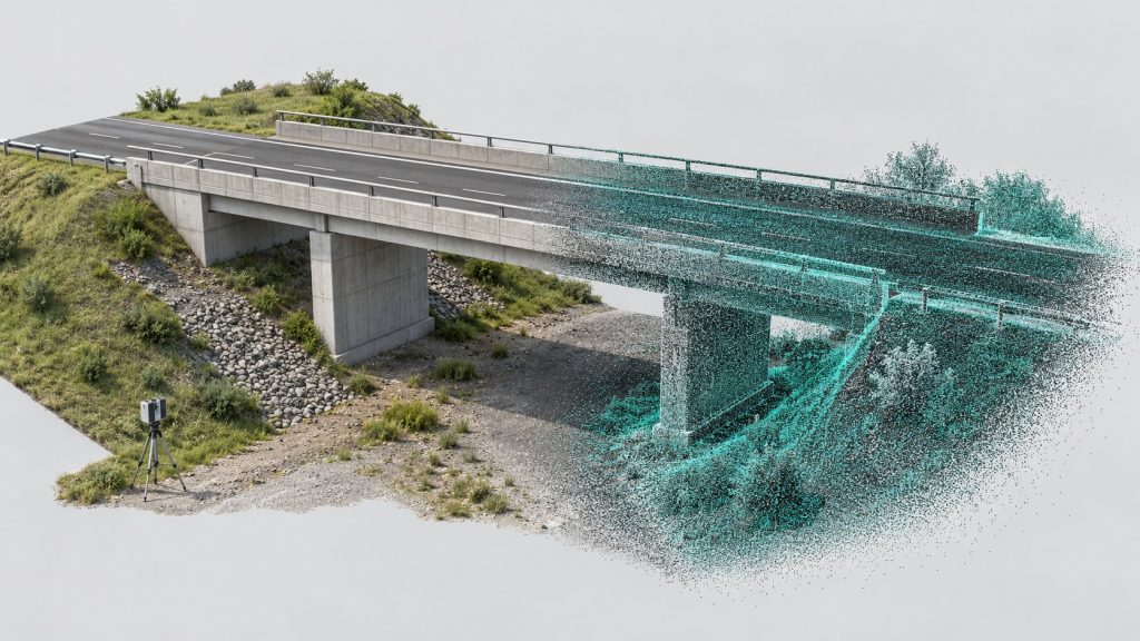 Illustratie van een brug waarvan een deel als puntenwolk wordt weergegeven