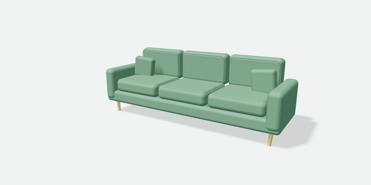 Eigen mosgroene modulaire bank met losse zitkussens, zichtbare naden en licht houten poten