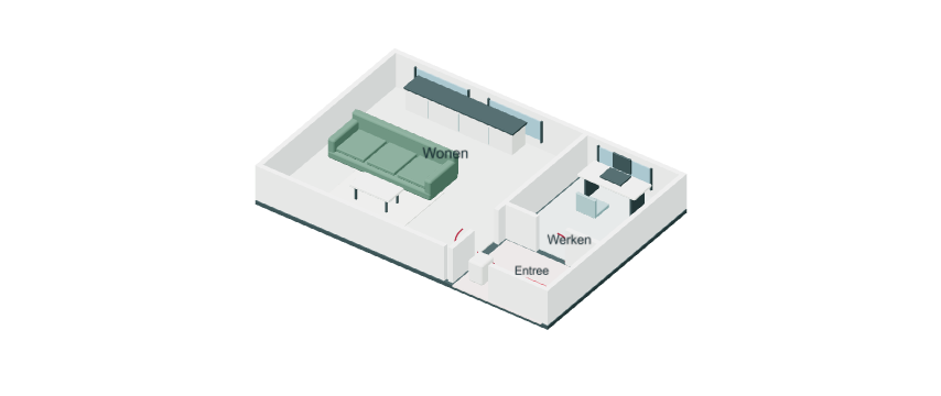 Eigen opengewerkte 3D-plattegrond met woonruimte, werkruimte en entree